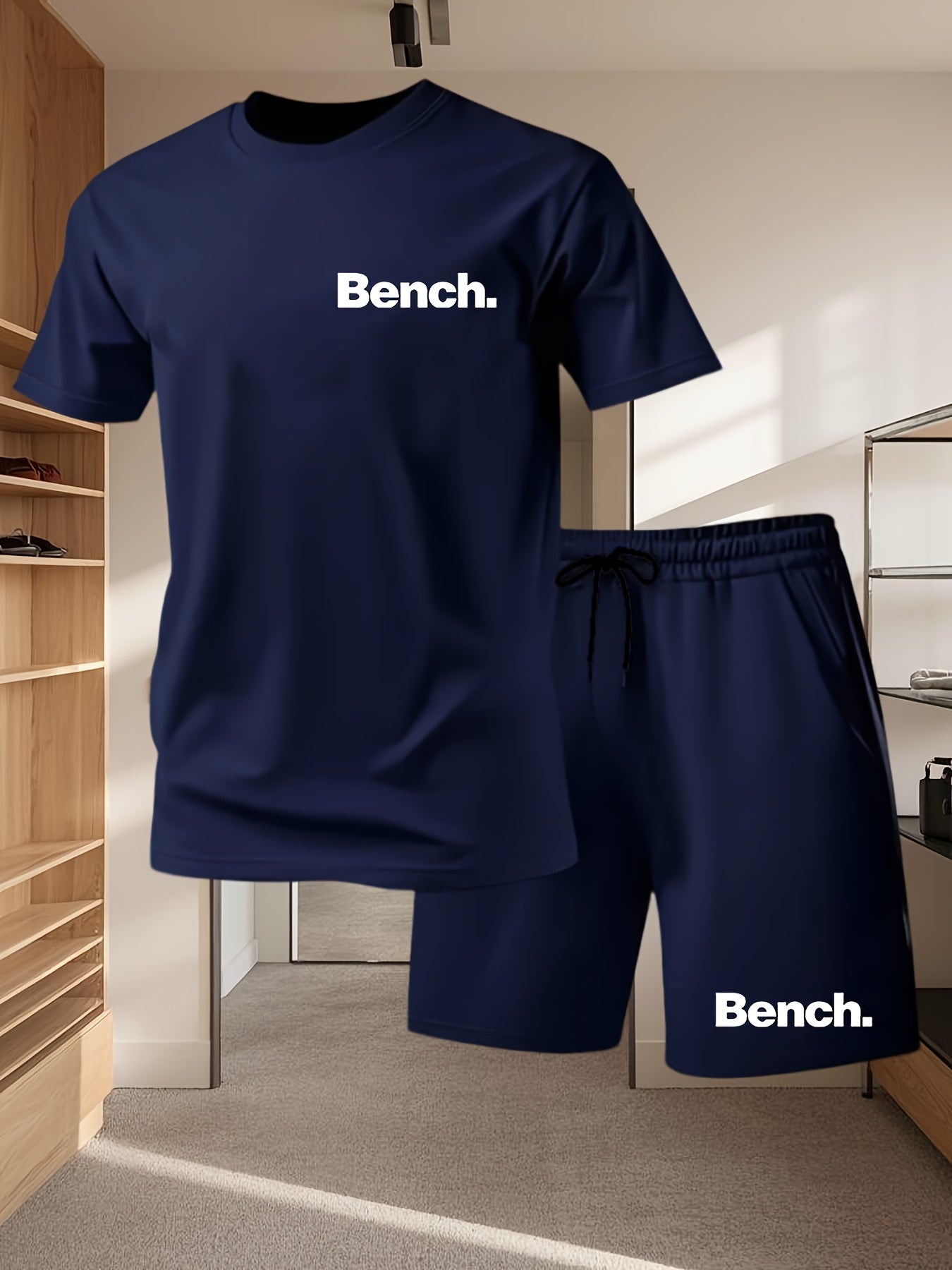 Summer Men'S Casual Sports Short Sleeve T-Shirt and Shorts Set, Comfortable Breathable, Suitable for Outdoor Jogging Running Fitness, Bench. Letter Print Design - 2pcs