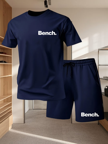 Summer Men'S Casual Sports Short Sleeve T-Shirt and Shorts Set, Comfortable Breathable, Suitable for Outdoor Jogging Running Fitness, Bench. Letter Print Design - 2pcs