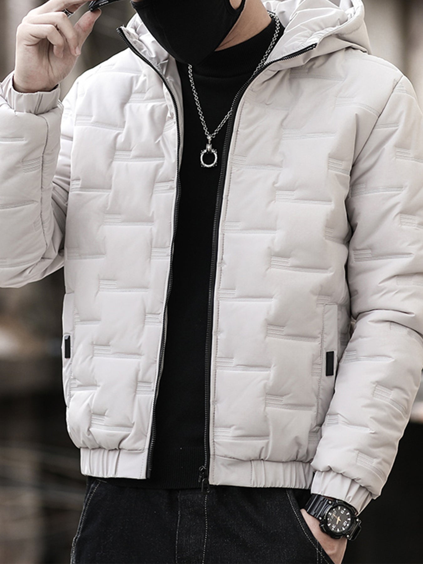 1pc Men's Heavy-Duty Winter Jacket with Hood - Stand Collar & Zippered Pockets, Grey/Black & White, Machine Washable Cold Weather Coat for Skiing, Snowboarding, Outdoor Activities (-Filled)