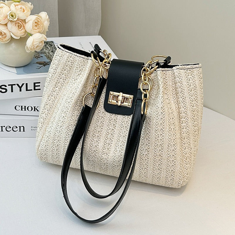 Elegant Women'S Crossbody Bag Featuring a Detachable Chain Shoulder Strap And Golden Hardware - Luxurious Wallet with Golden Accents, Rotating Lock Closure, Available in Brown And Black - Korean Style, Niche Woven Material, L