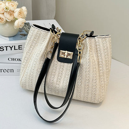 Elegant Women'S Crossbody Bag Featuring a Detachable Chain Shoulder Strap And Golden Hardware - Luxurious Wallet with Golden Accents, Rotating Lock Closure, Available in Brown And Black - Korean Style, Niche Woven Material, L