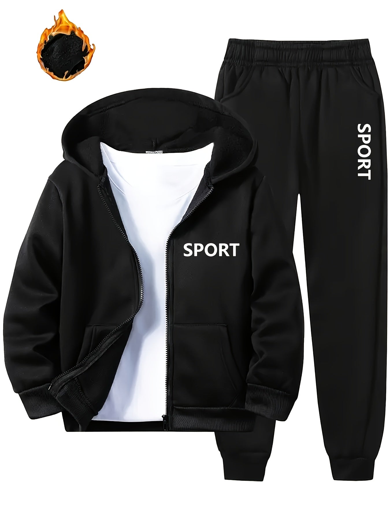 1 Set of 2pcs [Warm Fleece Jacket Set for Boys] Comfortable Fleece Jacket Boy Zip Hoodie And Pants Set | Letter Print, Long-Sleeved Casual Sportswear with Pockets, Perfect for Autumn And Winter Jogging And Outdoor Activities,