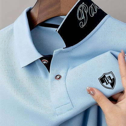 Men'S Fashion Short-Sleeve POLO Shirt | Contrast Rib-Knit Collar with 3D High-Frequency Print | Casual Style, Regular Fit, Summer Season - ayq
