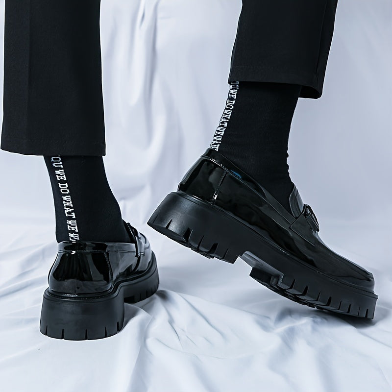 Men'S Black Soft Patent Platform Chunky Heel Loafers Fashion Tassel Business Casual Formal Work Shoes Non-Slip Lug Sole Slip-On Penny Loafers