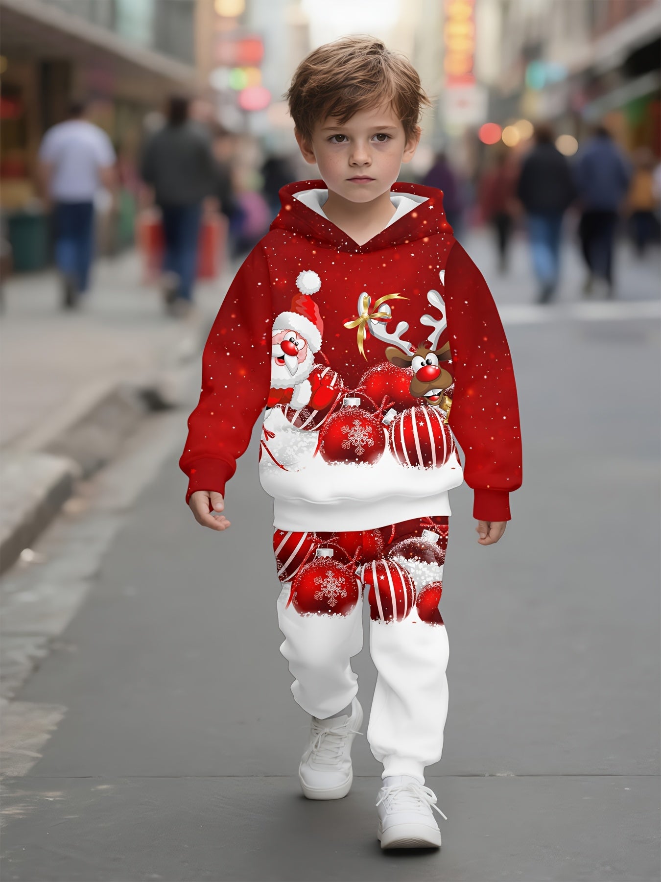 Spring and Autumn Boys' Hooded Sweatshirt 2pcs Set, Red and White Polka Christmas Cool 3D Gift Print Pattern, Matching Shirt and Joggers, Suitable for Outdoor Indoor