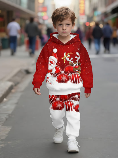 Spring and Autumn Boys' Hooded Sweatshirt 2pcs Set, Red and White Polka Christmas Cool 3D Gift Print Pattern, Matching Shirt and Joggers, Suitable for Outdoor Indoor