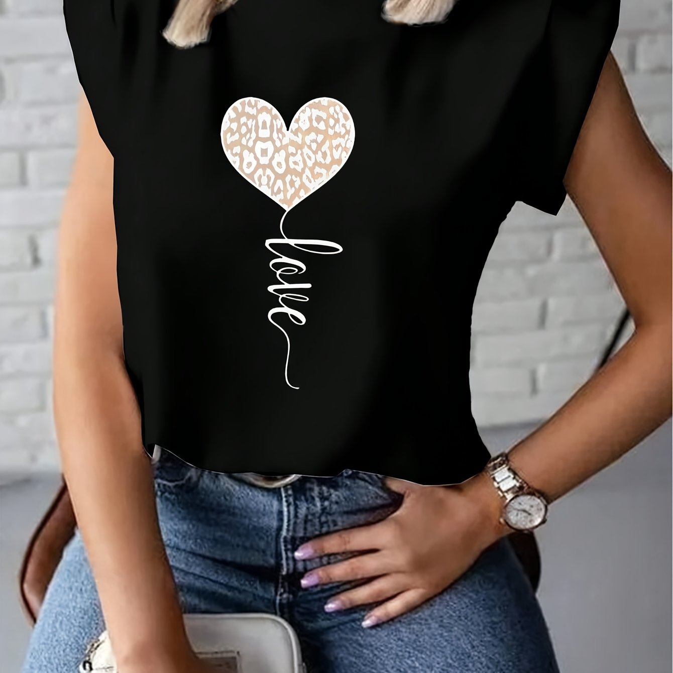 Women's Fashionable White T-Shirt with Leopard Print Heart and "LOVE" Cursive - Short Sleeve, Polyester Blend, Machine Washable