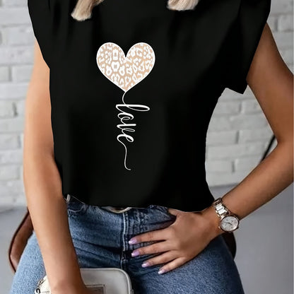 Women's Fashionable White T-Shirt with Leopard Print Heart and "LOVE" Cursive - Short Sleeve, Polyester Blend, Machine Washable