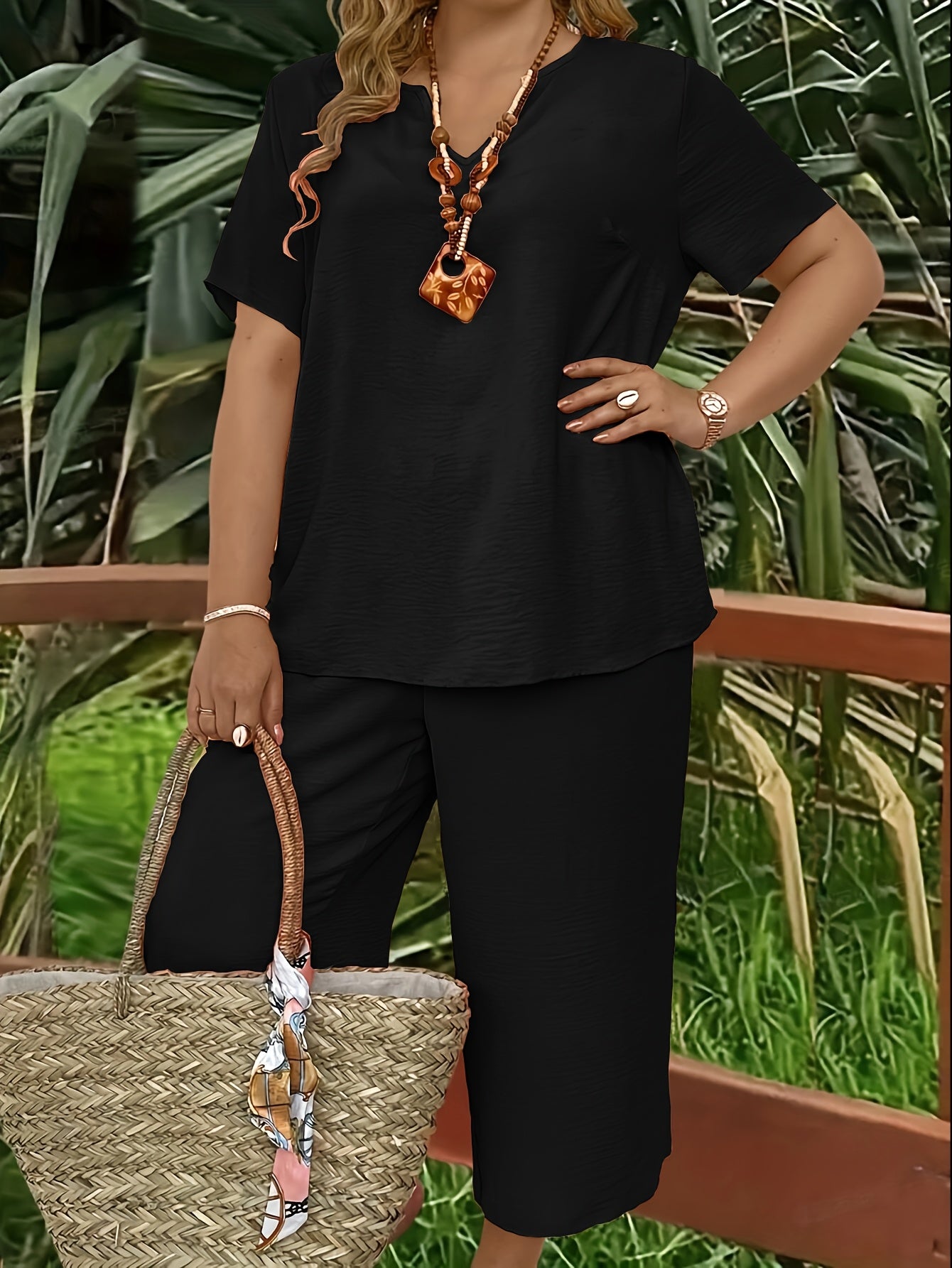 Women's Plus Size Suit, Elegant Solid Color Short Sleeve Top and Wide Leg Pants
