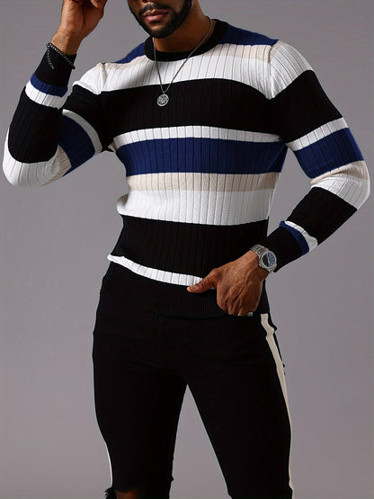 Men's Striped Color-Block Ribbed Knit Sweater - Long Sleeve Round Neck Pullover with Elastic Comfort Fit, Machine Washable Casual Fall Winter Top in Black/White/Green/Beige, Knit Sweater, Medium Elasticity
