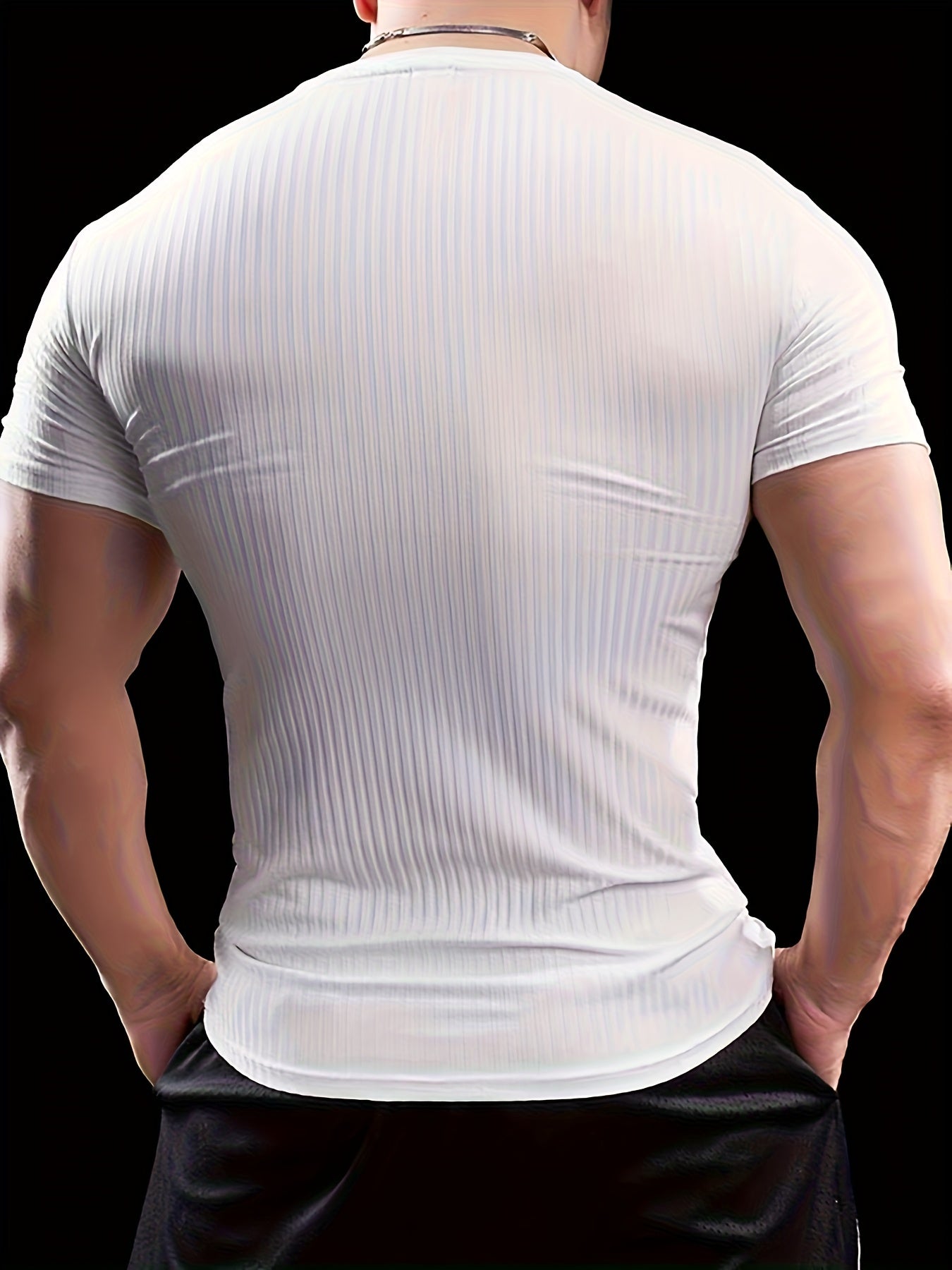 Men's Slim Fit Ribbed Short Sleeve T-Shirt - Stretchy Athletic  Casual Wear, Green, Round Neck, Machine Washable, Muscle-Enhancing Design, Gym Shirts