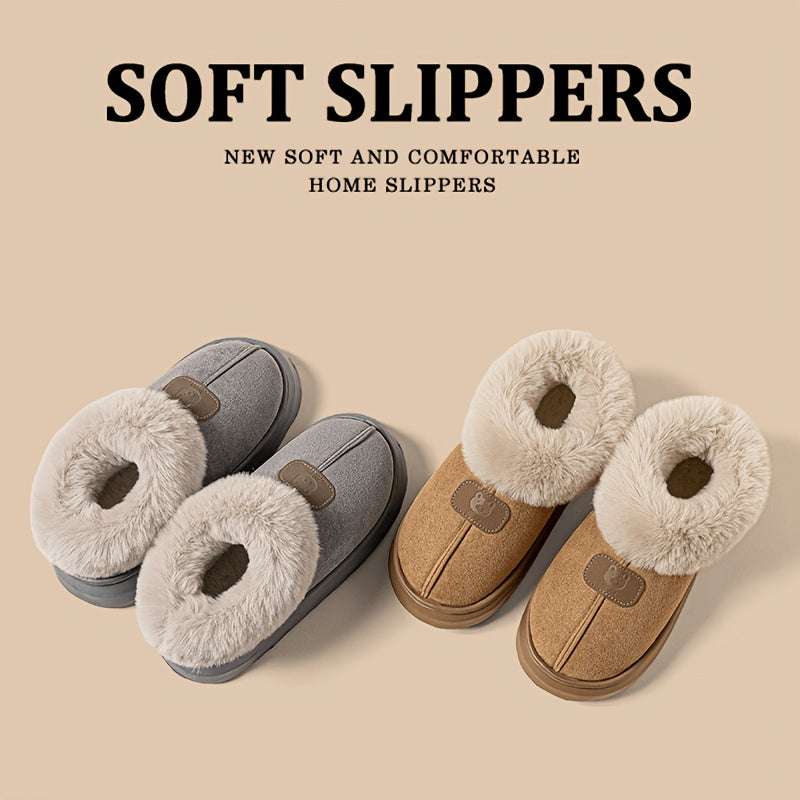 Unisex Winter Plush-Lined Slip-On Slippers with Thick Sole