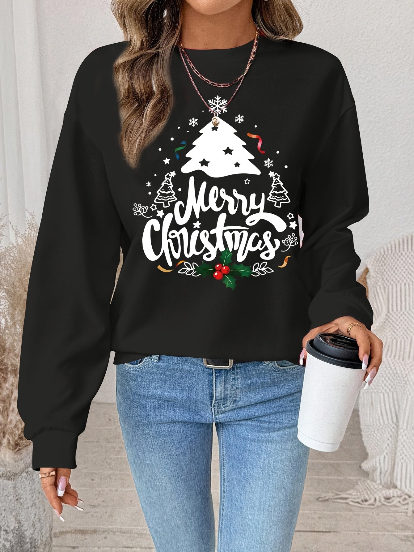 Women's Red Christmas Tree & Lettering Sweater - Cozy Winter Pullover with Round Neck Long Sleeve, Thickened Sweating-Reducing Blouse for Xmas Party Outfits, Family Gatherings (Machine Washable, Autumn/Winter Clothing)