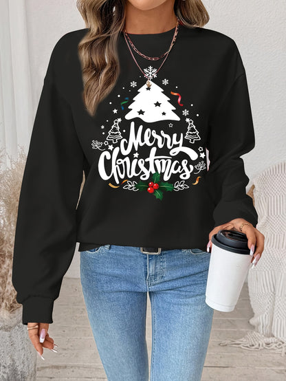 Women's Red Christmas Tree & Lettering Sweater - Cozy Winter Pullover with Round Neck Long Sleeve, Thickened Sweating-Reducing Blouse for Xmas Party Outfits, Family Gatherings (Machine Washable, Autumn/Winter Clothing)
