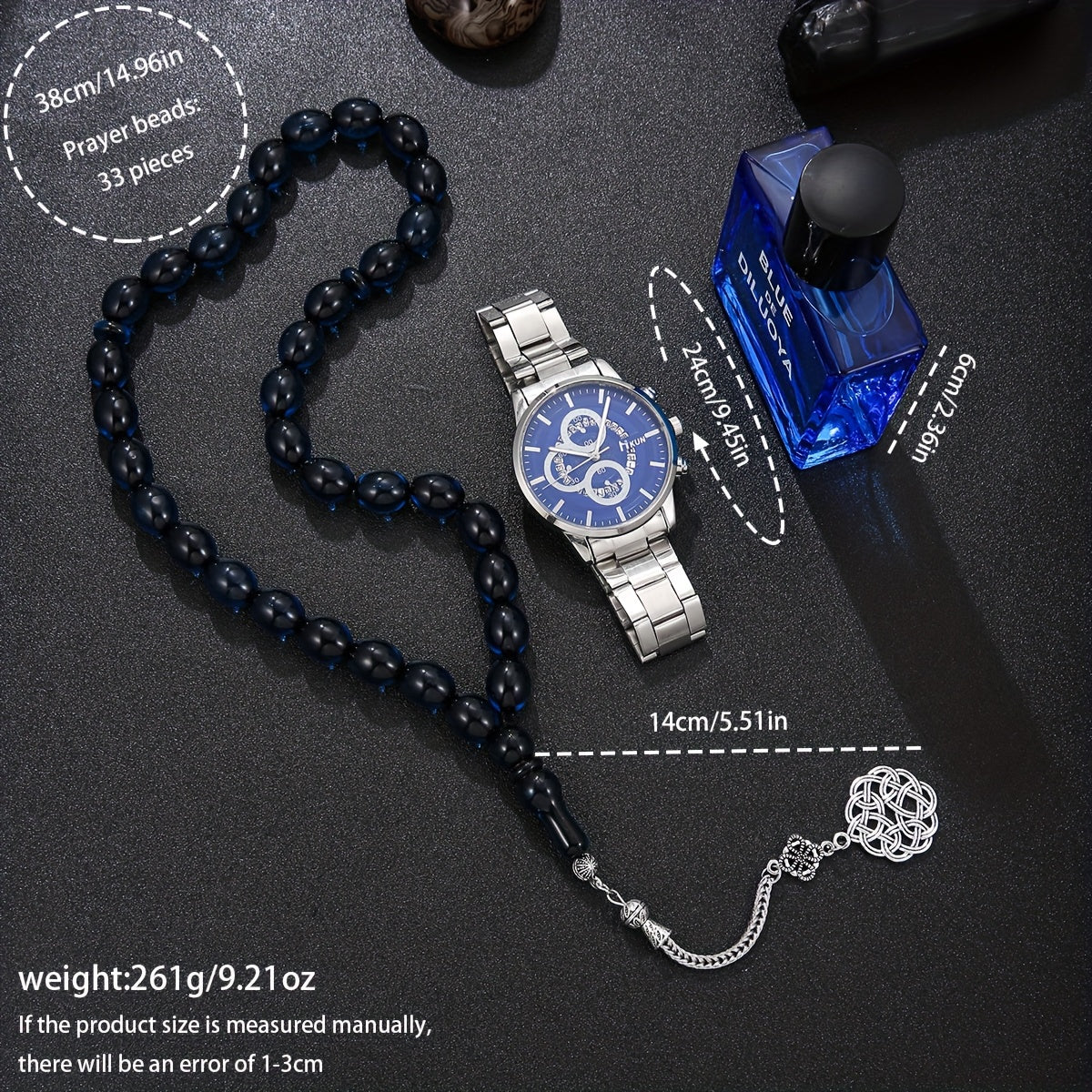 Men's Set, Alloy Blue Dial Watch + Perfume + Prayer Beads, Blues Style