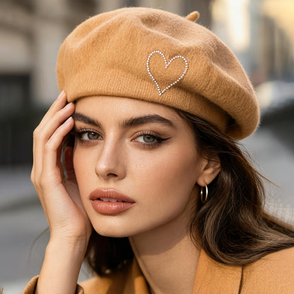 Women's Wool Beret Hat with Rhinestone Heart - Lightweight Warm