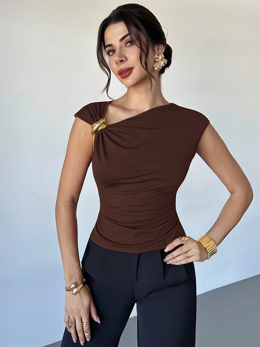 Women’s Casual Elegant Burgundy Asymmetrical Shoulder Top