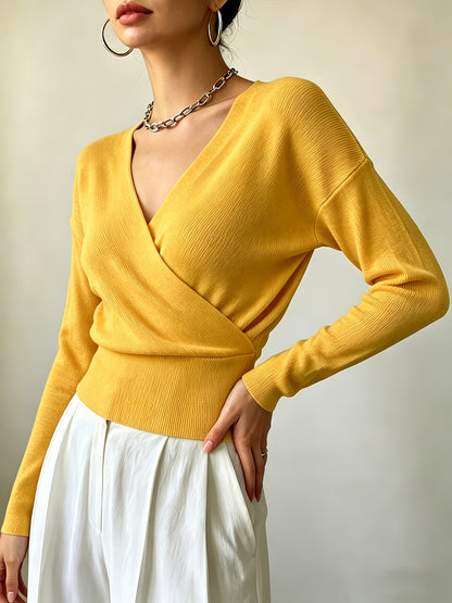 Women's Elegant Cross-Collar V-Neck Pullover Knitwear for Fall/Winter