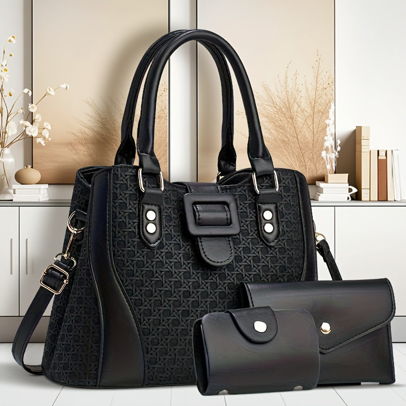 Plaid PU Leather Three-Piece Handbag Set for Women - Stylish & Spaciou