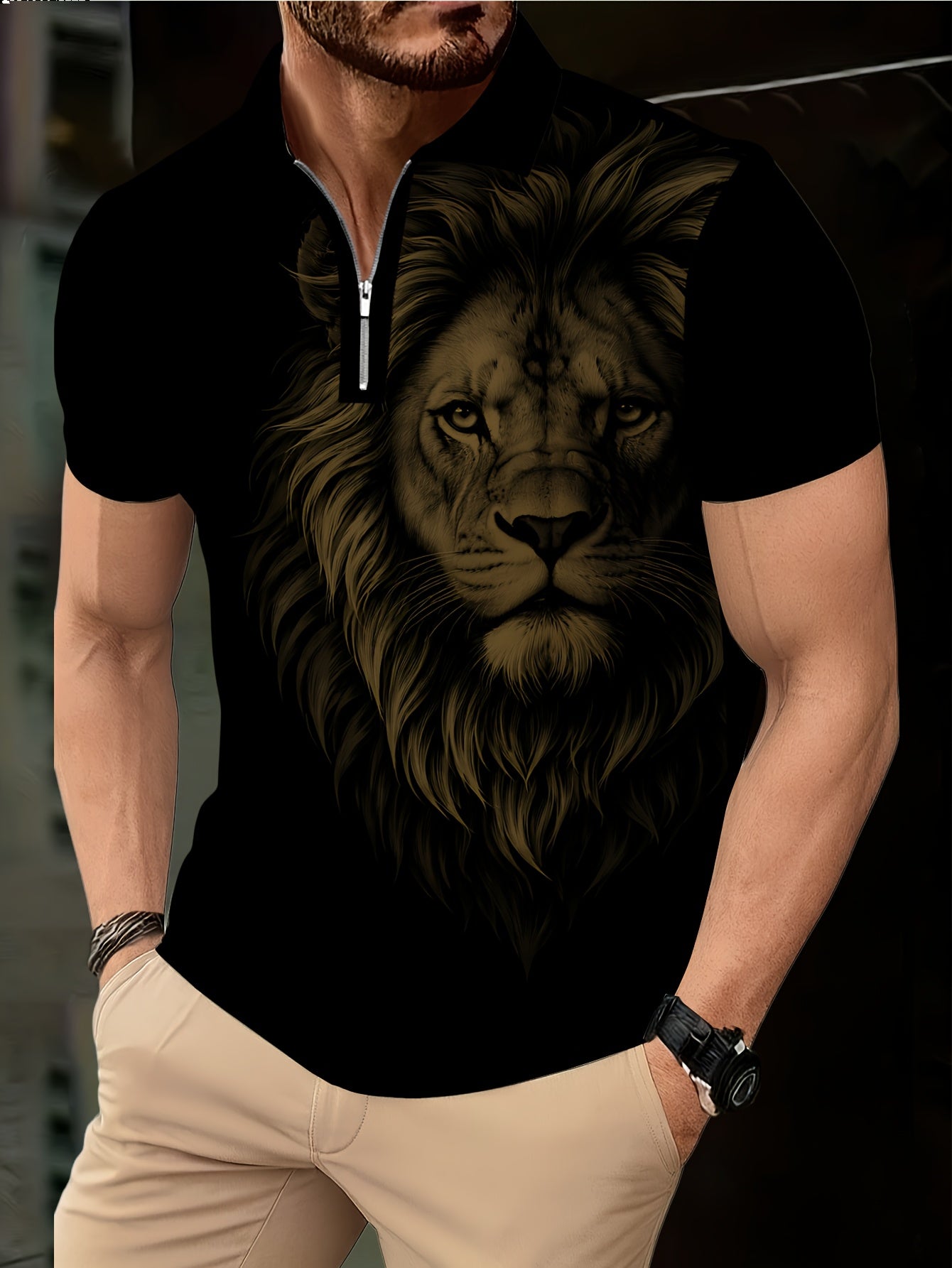 Men's Zip Shirt Short Sleeve Summer Trendy Lion Print Collar T-Shirt Business Casual Slim Fit Men's Top Women's Clothing