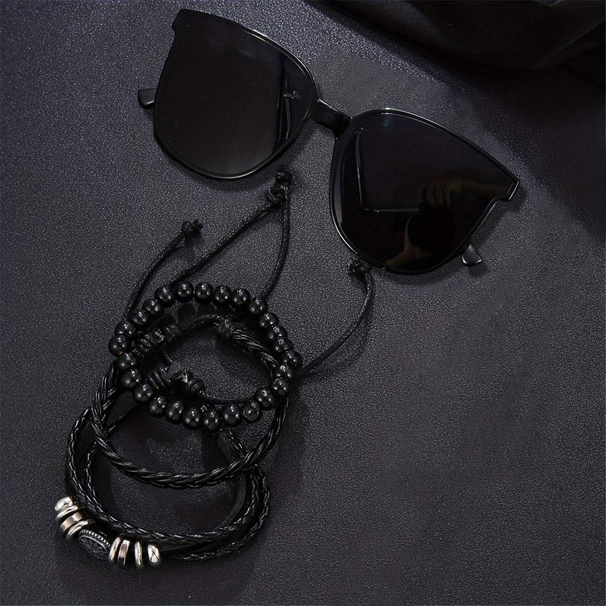 5pcs Men's Business Watch-Stylish round quartz watch electronic movement + three-bracelet fashionable glasses, suitable for office and formal occasions-Ideal gift for professionals