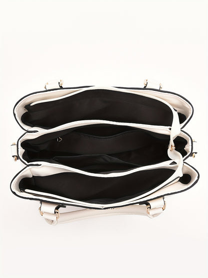 Wo 's Casual Geometric Two-Tone Large Capacity   Handbag with Adjustable   Strap, Detachable Wristlet & Zipper Closure - in Khaki/White/Pink/Red/Green/Black, Travel Accessory, Stylish Accessory, Durable Construction, Spacious