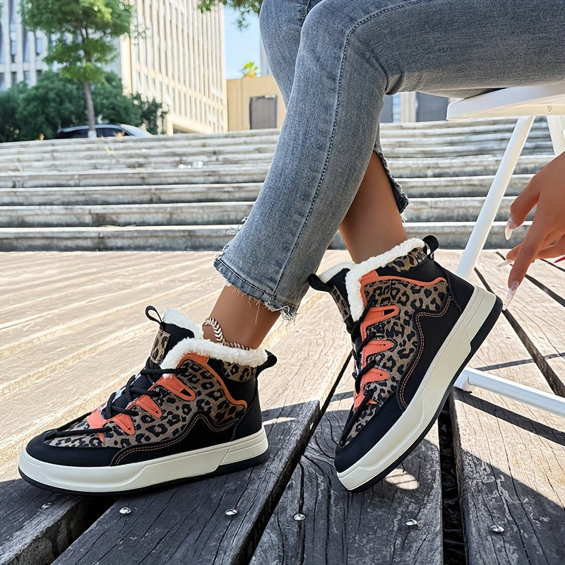Women'S Stylish Leopard Print Winter Sneakers - Warm Fleece-Lined Casual Shoes with Thick PVC Sole, Black & Orange Design, Perfect for Fall/Winter Outdoor Activities, Winter Sneakers | Leopard Print Shoes | Durable PVC Sole