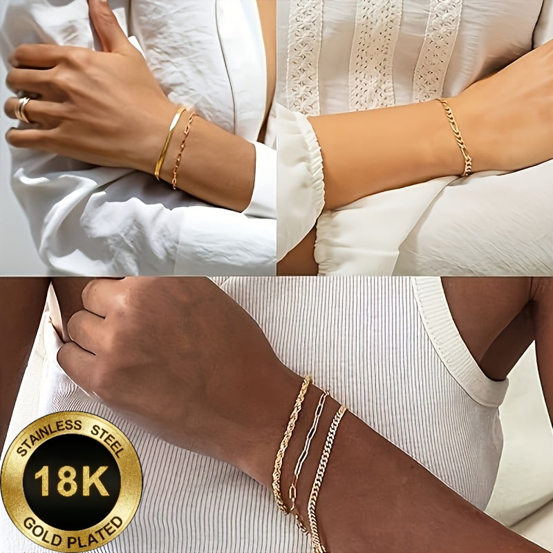 Elegant 5-Piece 18K Gold-Plated Stainless Steel Bracelet Set for Women
