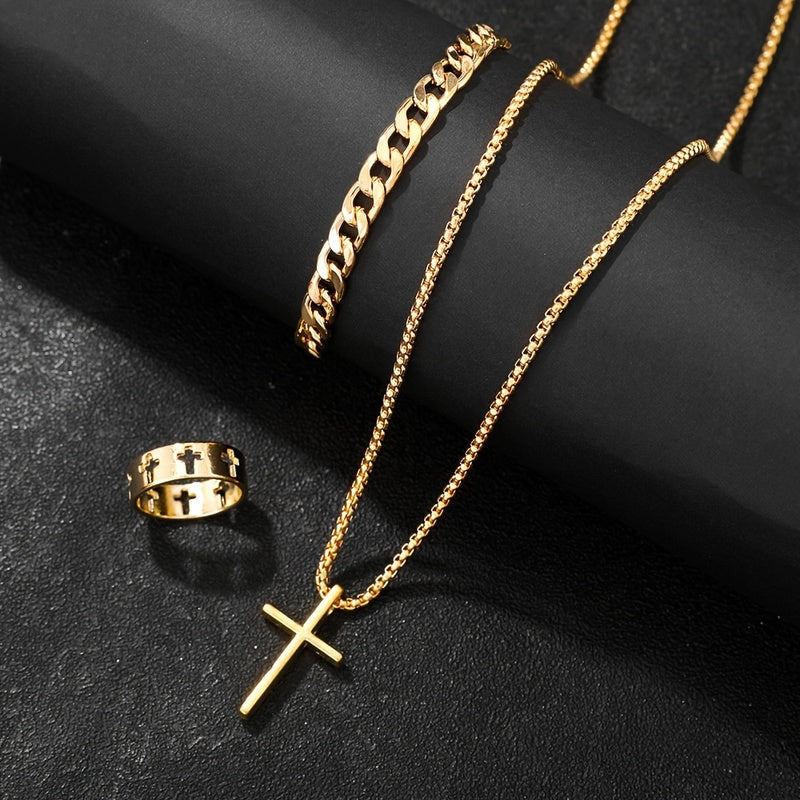 3pcs 's Fashion Jewelry Set: Hip Hop Bracelet, Necklace & Ring - Alloy Gift for Boyfriend/Husband, for Teenager