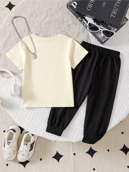 Boys' Casual Cotton Tee & Pants Set - Soft, Breathable, All-Season
