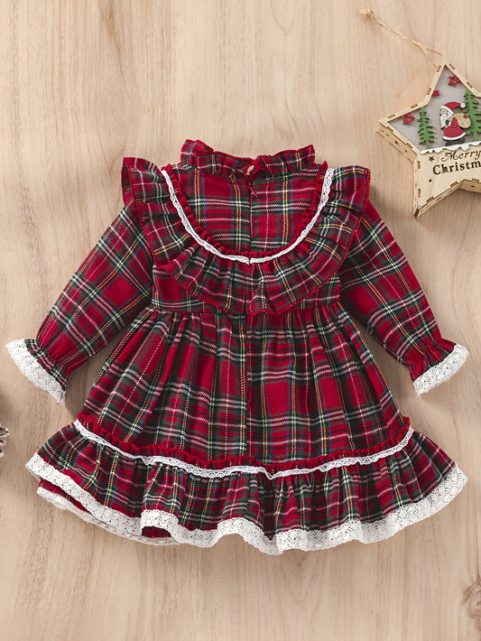 Girls' Plaid Tartan Puffed Sleeve High-Low Neck Ruffled Hem Dress with Ruffled Collar & Lace Trim - Plaid Princess Party Dress with Skirt, Machine Washable Winter Formal & Everyday Outfit for Christmas, New Year's, Easter - S
