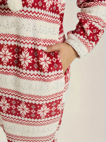 Women'S Cozy Red & White Geometric Print Jumpsuit - Casual Long Sleeve Romper with Drawstring Waist, Soft Stretchy Fabric, Perfect for Winter Lounging & Relaxing at Home, Comfortable Clothing | Relaxed Fit Jumpsuit | Medium E