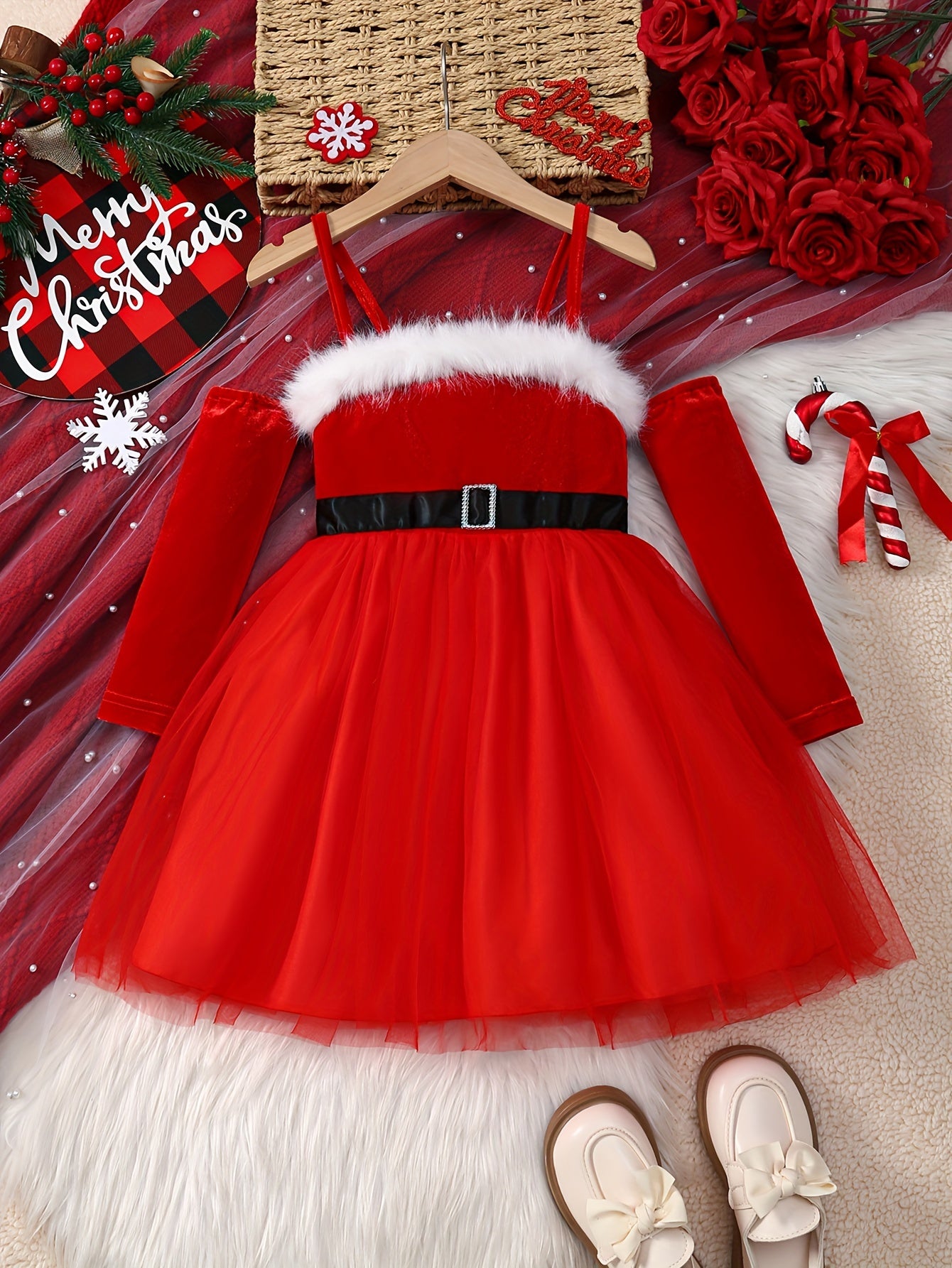 Girls' Christmas Red & White Tulle Dress with Spaghetti Strap Off-Shoulder Neckline, Long Sleeves, Fluffy Trim Hem & Golden Belt - Elegant Party Dress for Holiday Celebrations, Christmas Pageant, New Year's Eve - Machine Wash