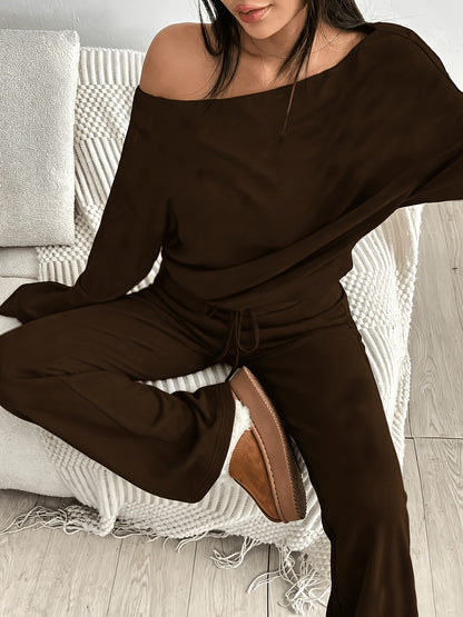 Women’s Off-Shoulder Long Sleeve Crop Top & Wide-Leg Pants Set