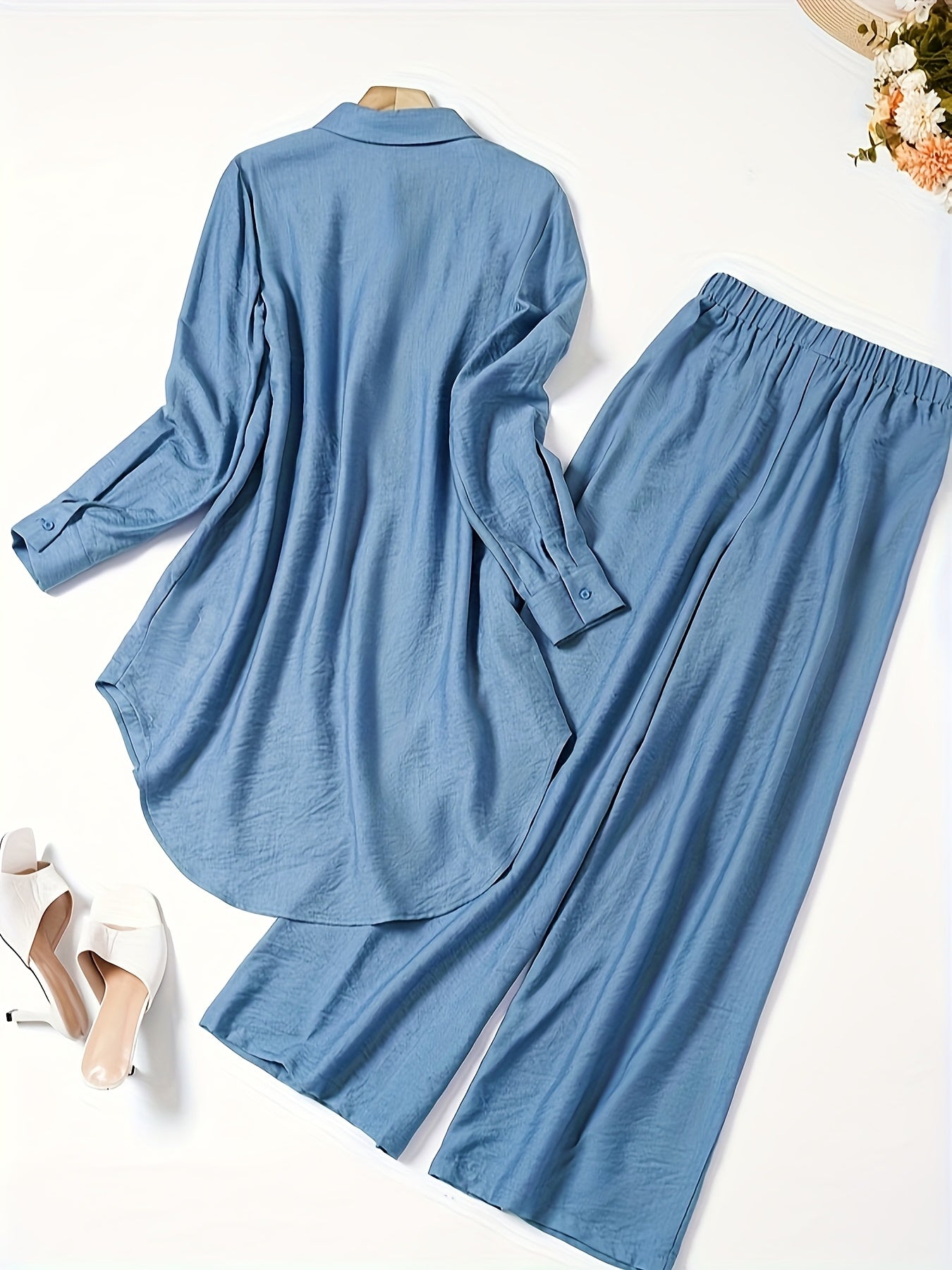 Two-Piece Women'S Solid Color Long Sleeve Shirt and Pants, Minimalist Everyday Casual Fashion Set [NS702], Polyester, Contrast Lace Detail, Elegant Style, for Spring/Summer