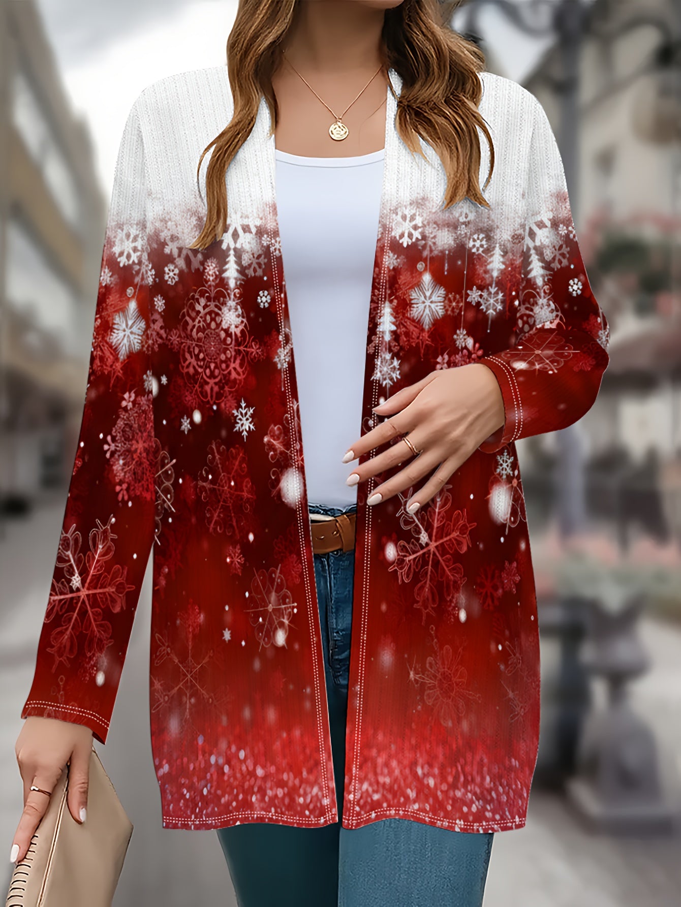 Plus Size Women's Winter Cardigan Coat - Burgundy Red & White Snowflake Print Deep Jacket, Loose-Fit Collar Sweater Coat for Christmas, New Year's Eve Parties & Cold Weather (Machine Washable)