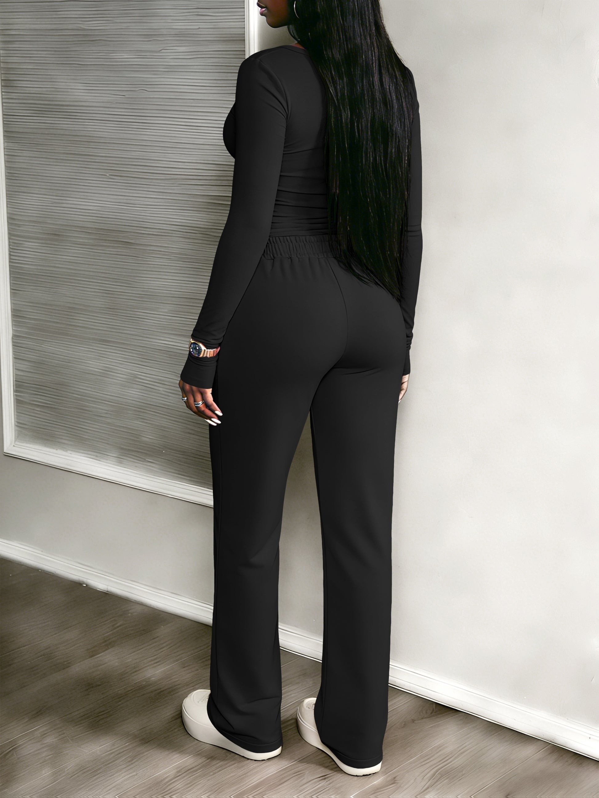 A Stylish Two-Piece Outfit That Includes a Snug V-Neck Henley Top And High-Waisted Wide-Leg Pants - ayq