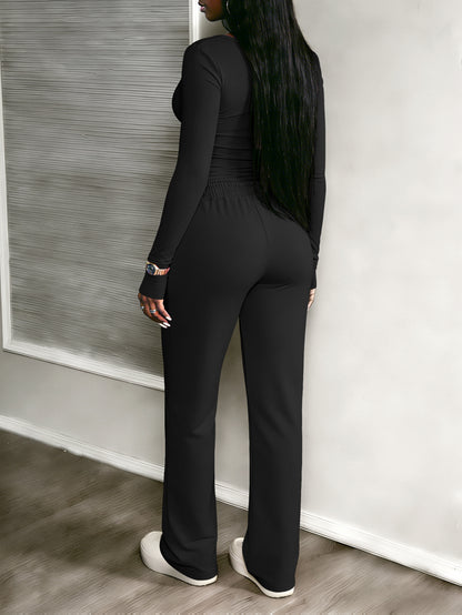 A Stylish Two-Piece Outfit That Includes a Snug V-Neck Henley Top And High-Waisted Wide-Leg Pants - ayq