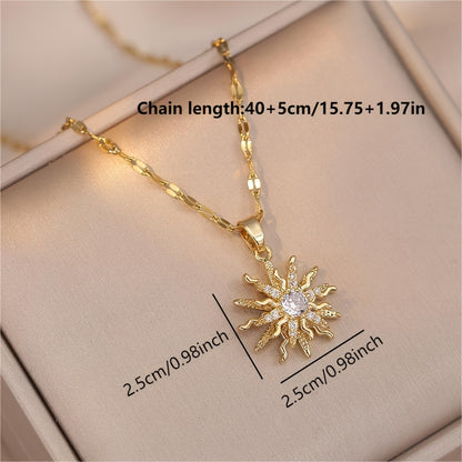 18K Gold Plated Sun Pendant Necklace with Sparkling Cubic Zirconia