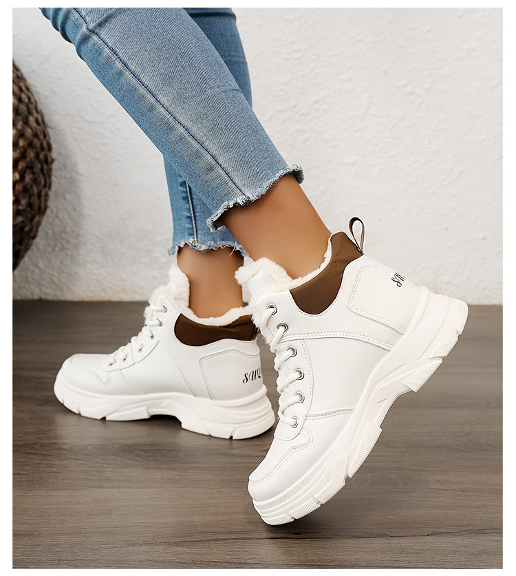 Women's Insulated Winter Boots with Plush Collar & Thick Sole - White Faux Cover Round-Toe Lace-Up Ankle Boots, Cushioned Insole & Arch Support, Warm TPU Outsole for Cold Weather, Casual to Semi-Formal Outfits