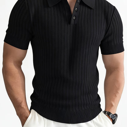 Men'S Summer Knitted Polo Shirt | Breathable Striped Design, Casual Lapel Collar, Short Sleeves, Three-Button Closure, Slim Fit, Ideal For Business Casual And Travel - ayq