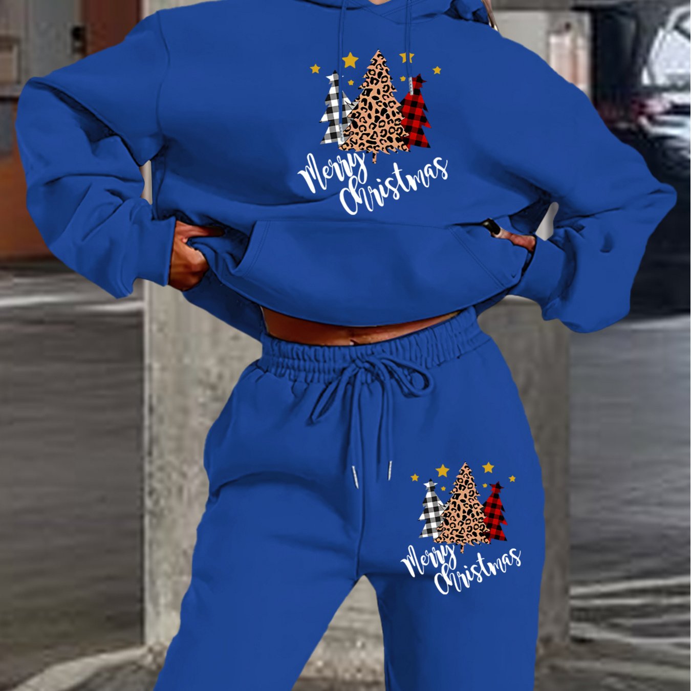 Women'S 2024 New Year Sweatshirt and Pants Set, Hooded Long Sleeve Casual Outfit with Pockets, Polyester Knit Fabric, Geometric Pattern, for Autumn/Winter Season