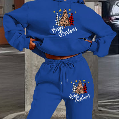 Women'S 2024 New Year Sweatshirt and Pants Set, Hooded Long Sleeve Casual Outfit with Pockets, Polyester Knit Fabric, Geometric Pattern, for Autumn/Winter Season