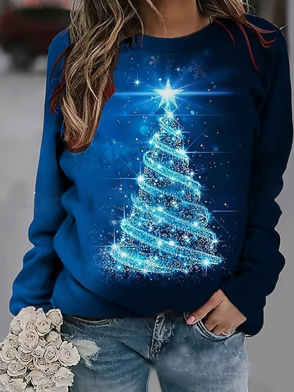 Christmas Tree Print Sweatshirt, Casual Long Sleeve Crew Neck Sweatshirt, Women's Clothing