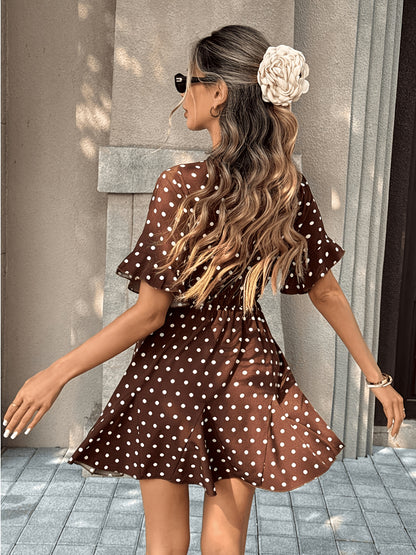 Women's Elegant French-Style Polka Dot Midi Dress with Ruffle Sleeves