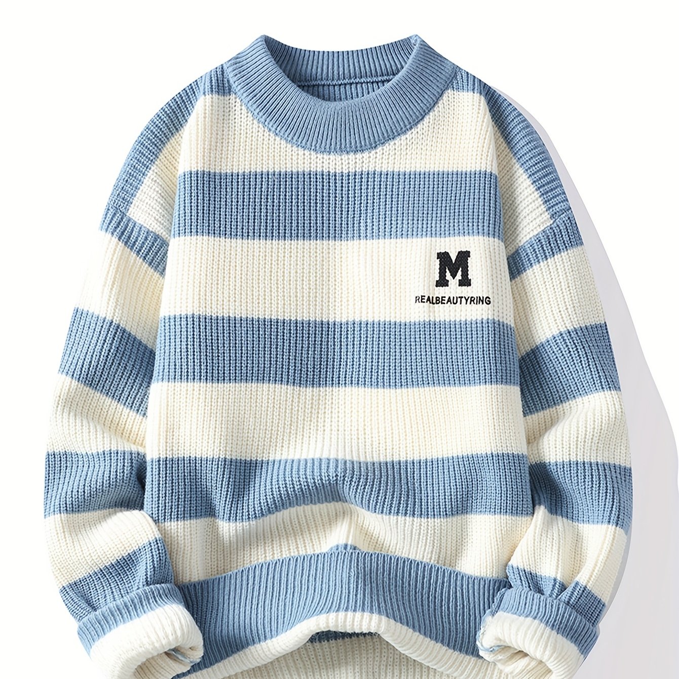 Men's 2025 Autumn/Winter Striped Sweater for Youth with Color Block Round Neck Casual Warm Knitwear