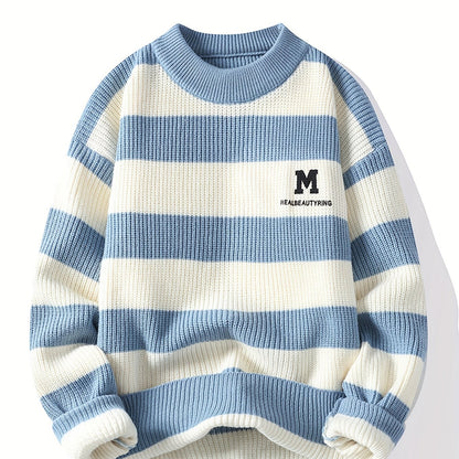 Men's 2025 Autumn/Winter Striped Sweater for Youth with Color Block Round Neck Casual Warm Knitwear