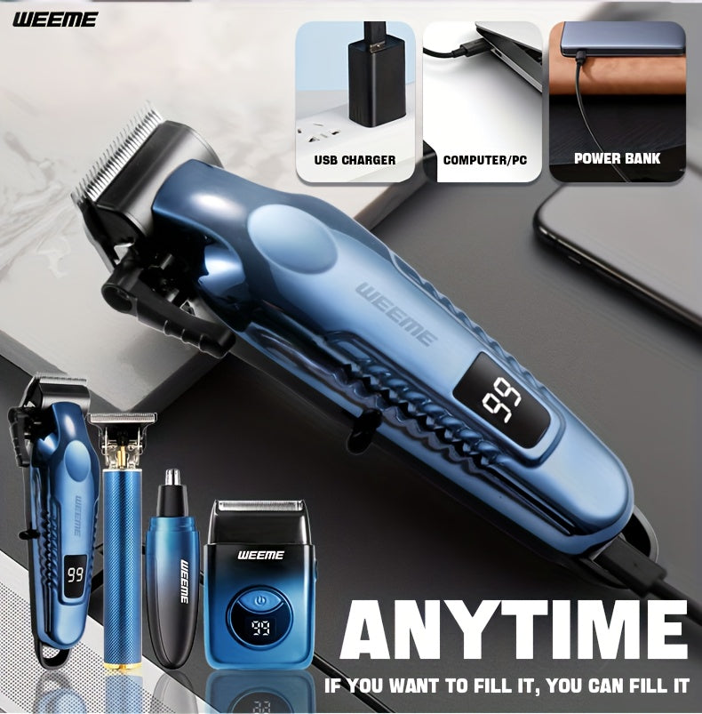 WEEME 4pcs Men's Electric Hair Clipper Set, Beard Trimmer Set, Household Facial Cleansing Set. Hair Cutting, Shaving, Trimming of Nasal Hair, Trimming of Sideburns, Facial Hair Cleaning. USB Charging. for Household Use, Vehic - ayq