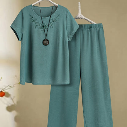 Women'S Comfortable Embroidered Short Sleeve T-Shirt and Pants Set - Casual Crew Neck, Straight Leg, Solid Color with Floral Design, Polyester Blend, Spring/Summer Collection