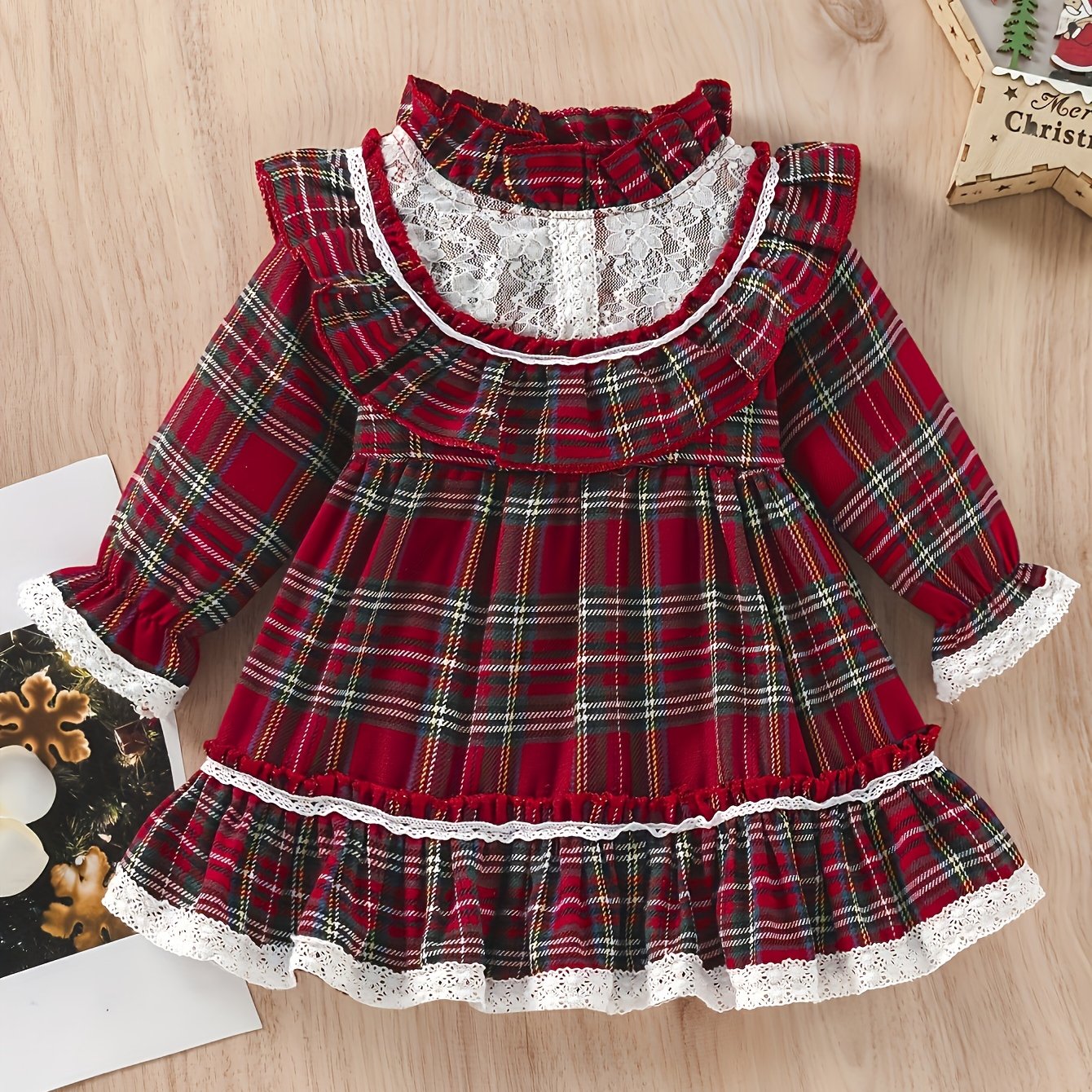 Girls' Plaid Tartan Puffed Sleeve High-Low Neck Ruffled Hem Dress with Ruffled Collar & Lace Trim - Plaid Princess Party Dress with Skirt, Machine Washable Winter Formal & Everyday Outfit for Christmas, New Year's, Easter - S